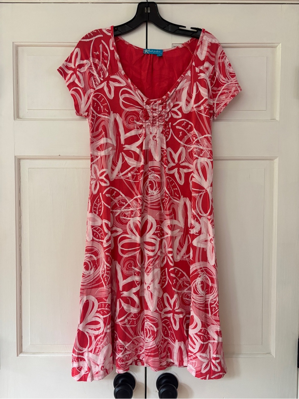 Fresh Produce Red Floral Fit & Flare Short Sleeve Dress Scoop Neck Size Medium